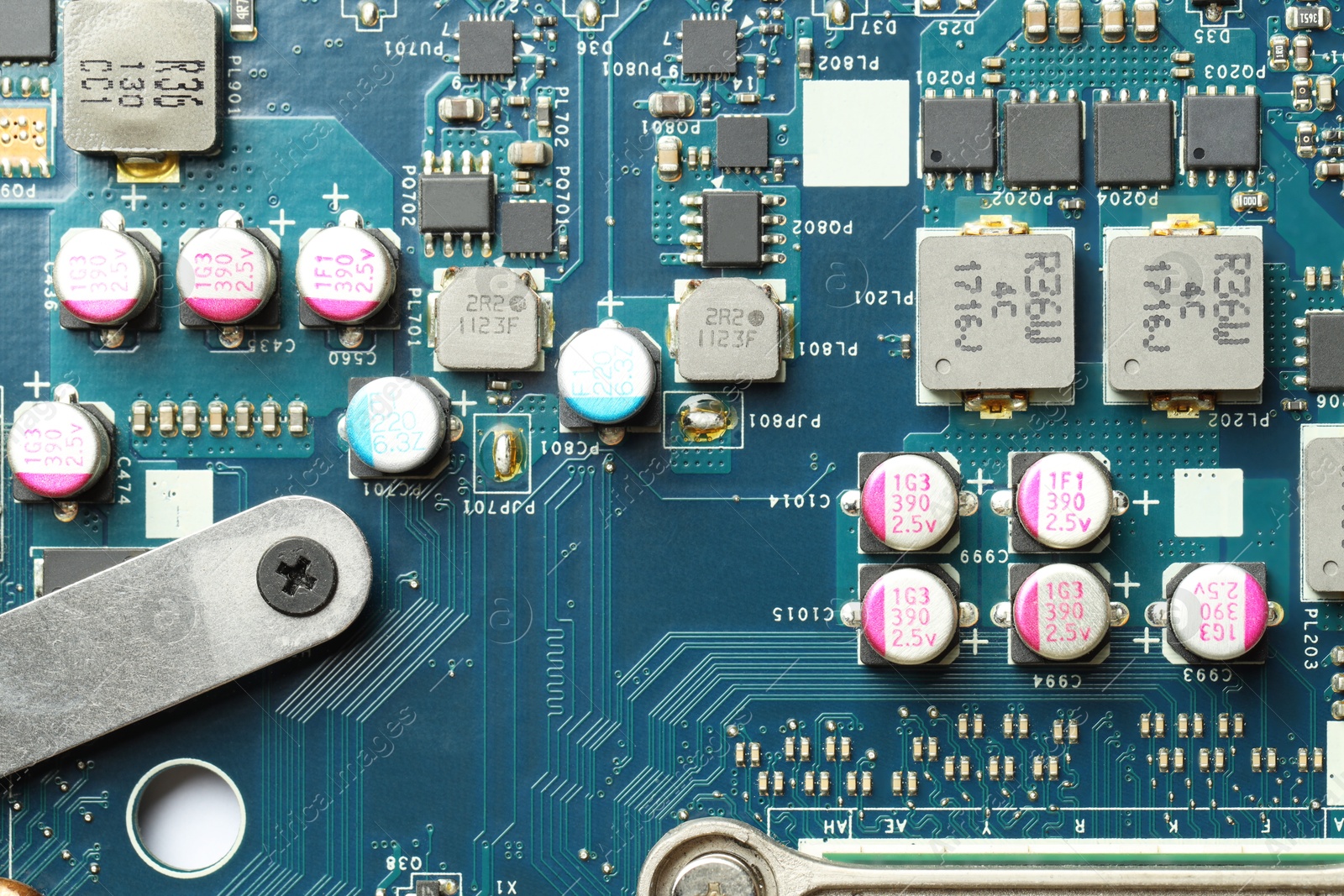 Photo of Electronic circuit board as background, top view