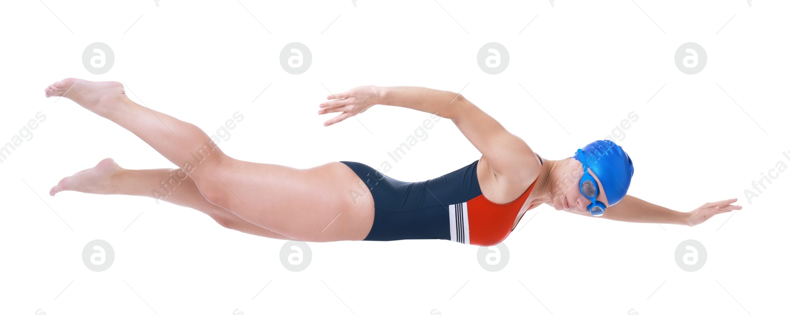 Photo of Professional sportswoman in swimsuit, cap and goggles swimming on white background