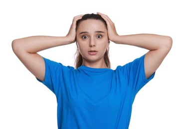 Photo of Stressful student before exam isolated on white