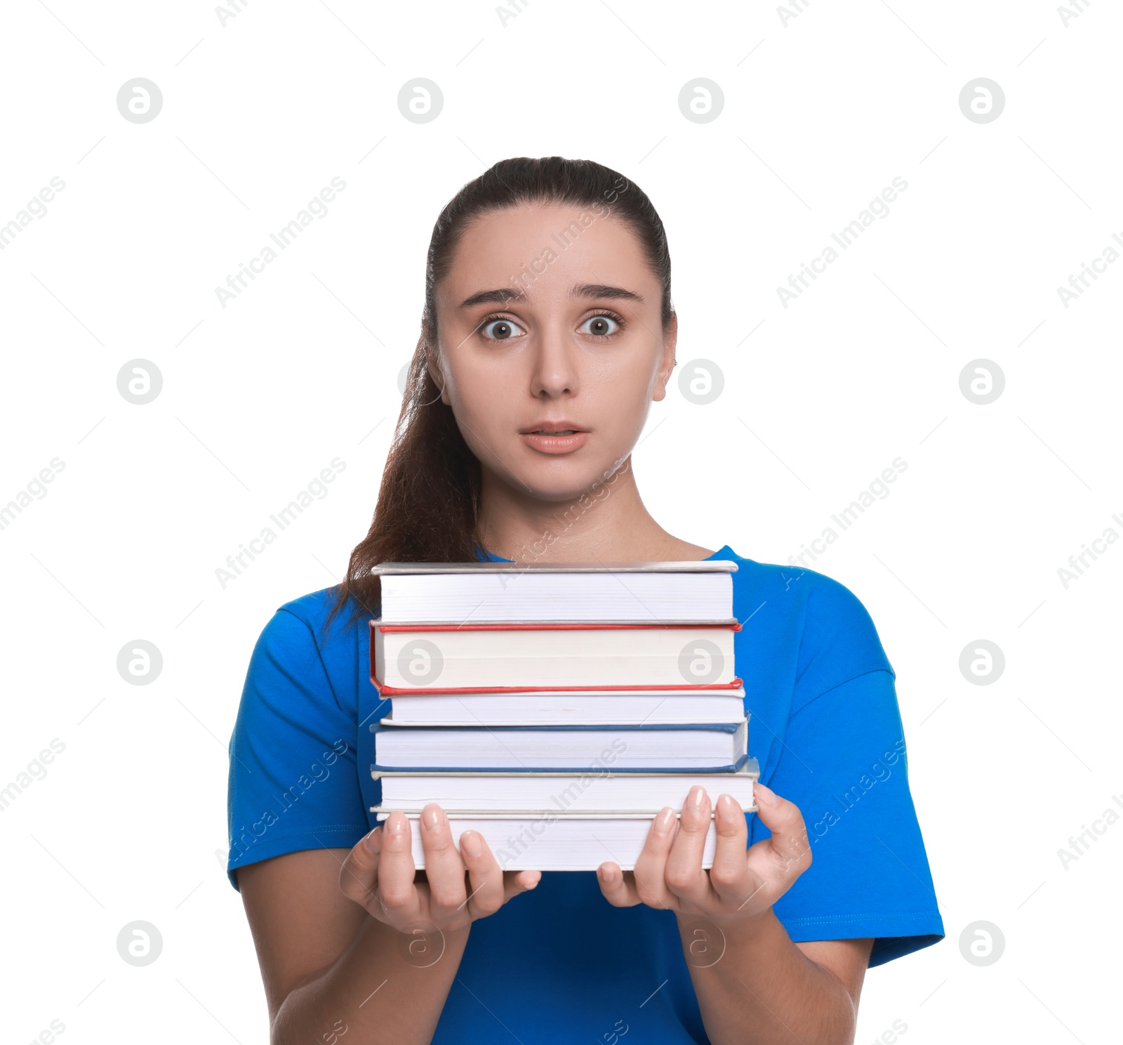 Photo of Stressful student with stack of books before exam isolated on white