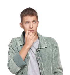 Photo of Emotional student having stress before exam on white background