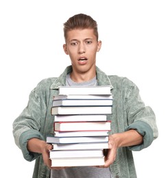 Photo of Emotional student with stack of books having stress before exam on white background