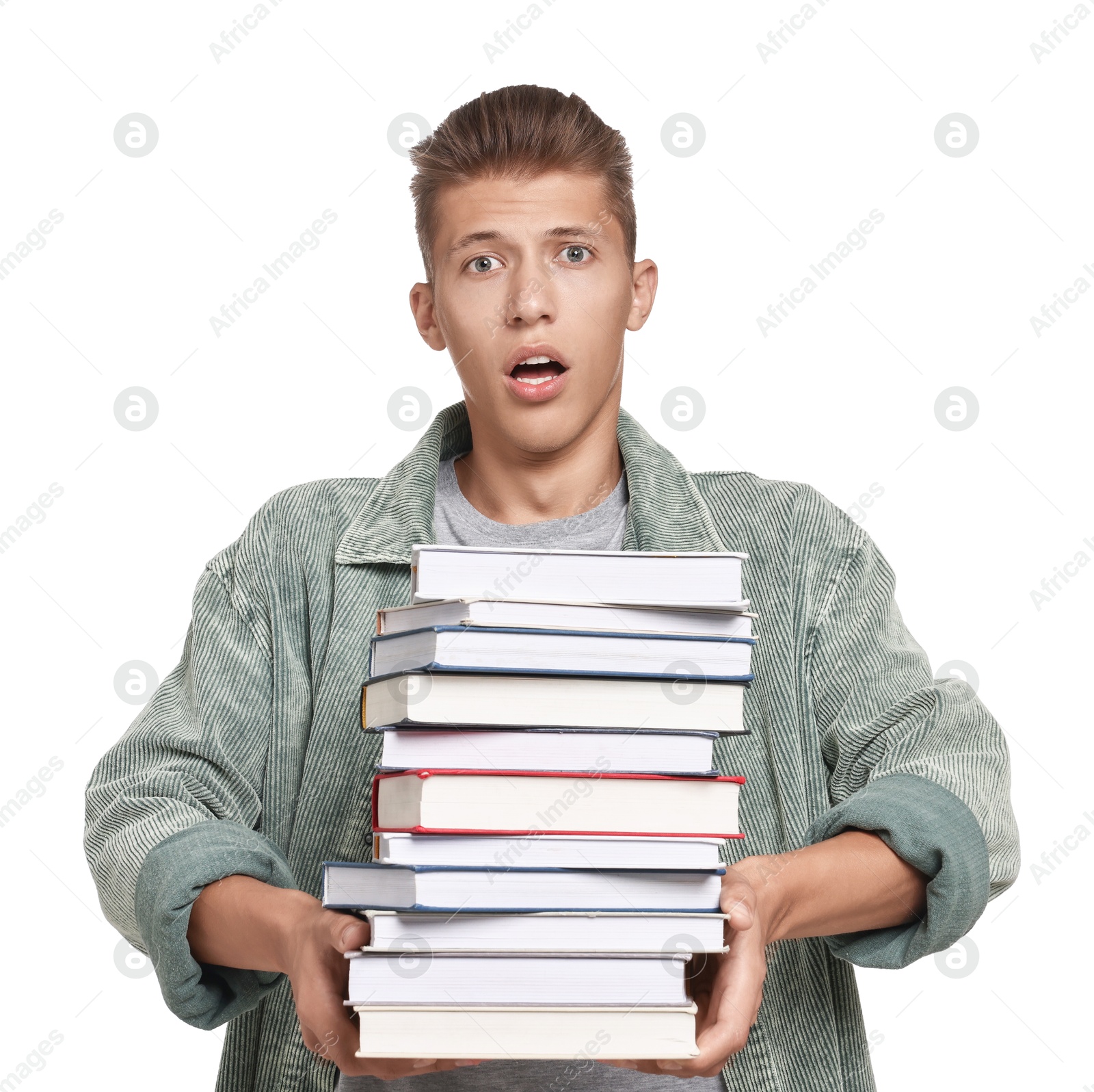 Photo of Emotional student with stack of books having stress before exam on white background