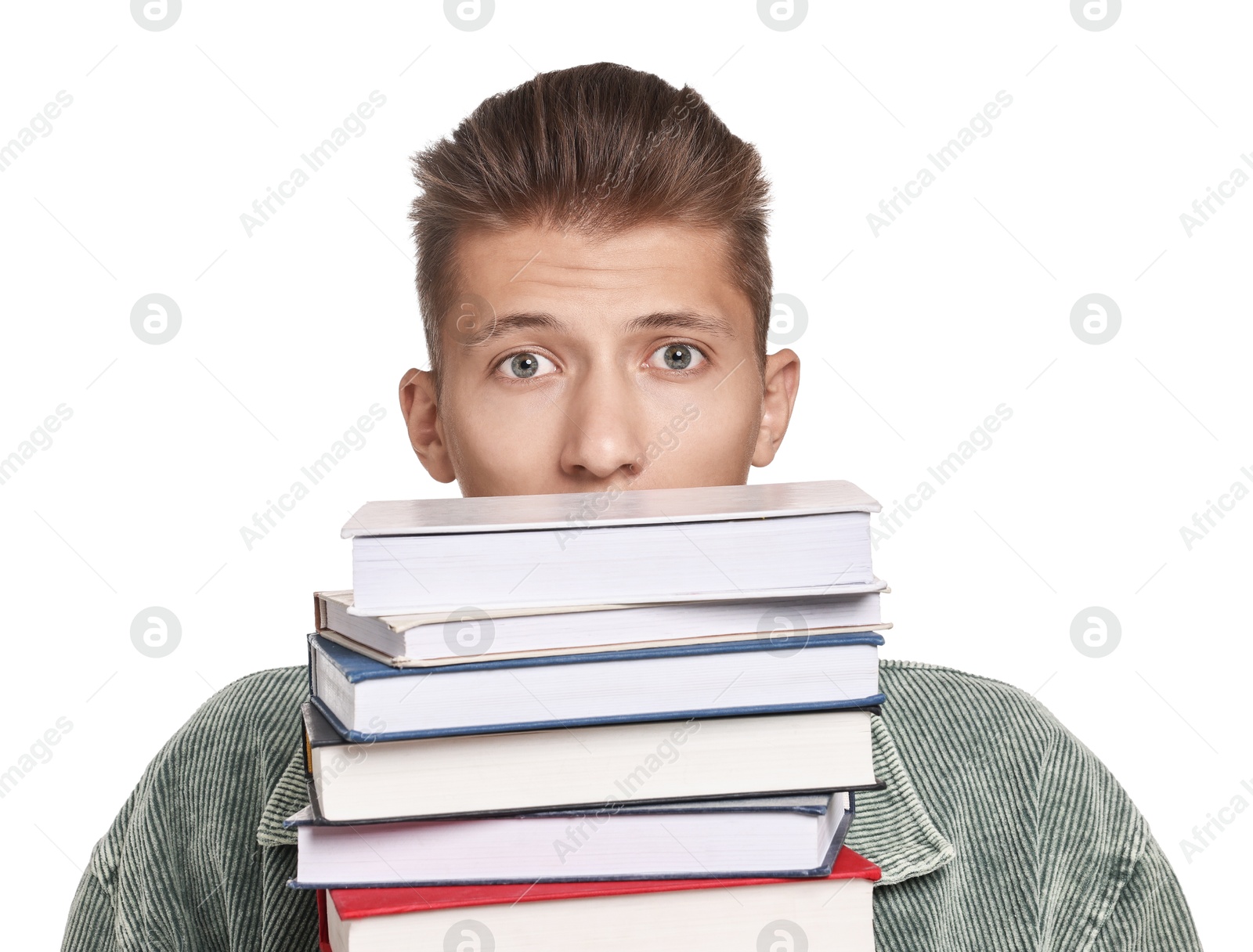 Photo of Emotional student with stack of books having stress before exam on white background