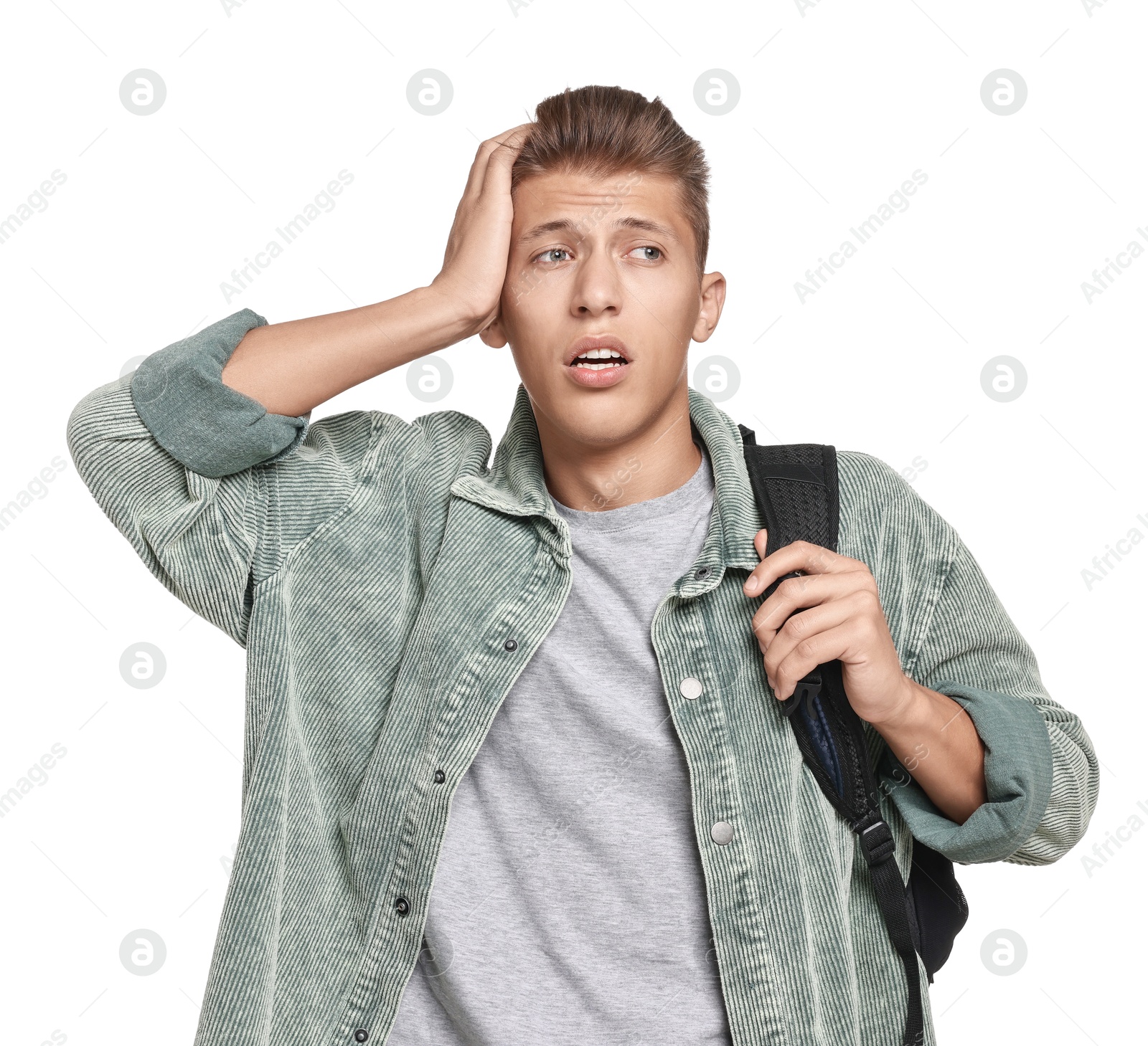 Photo of Emotional student having stress before exam on white background