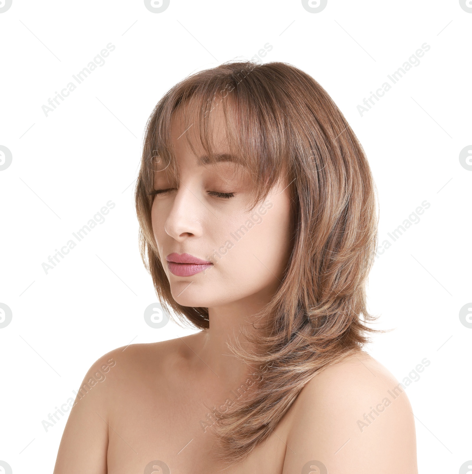 Photo of Attractive woman with stylish haircut on white background