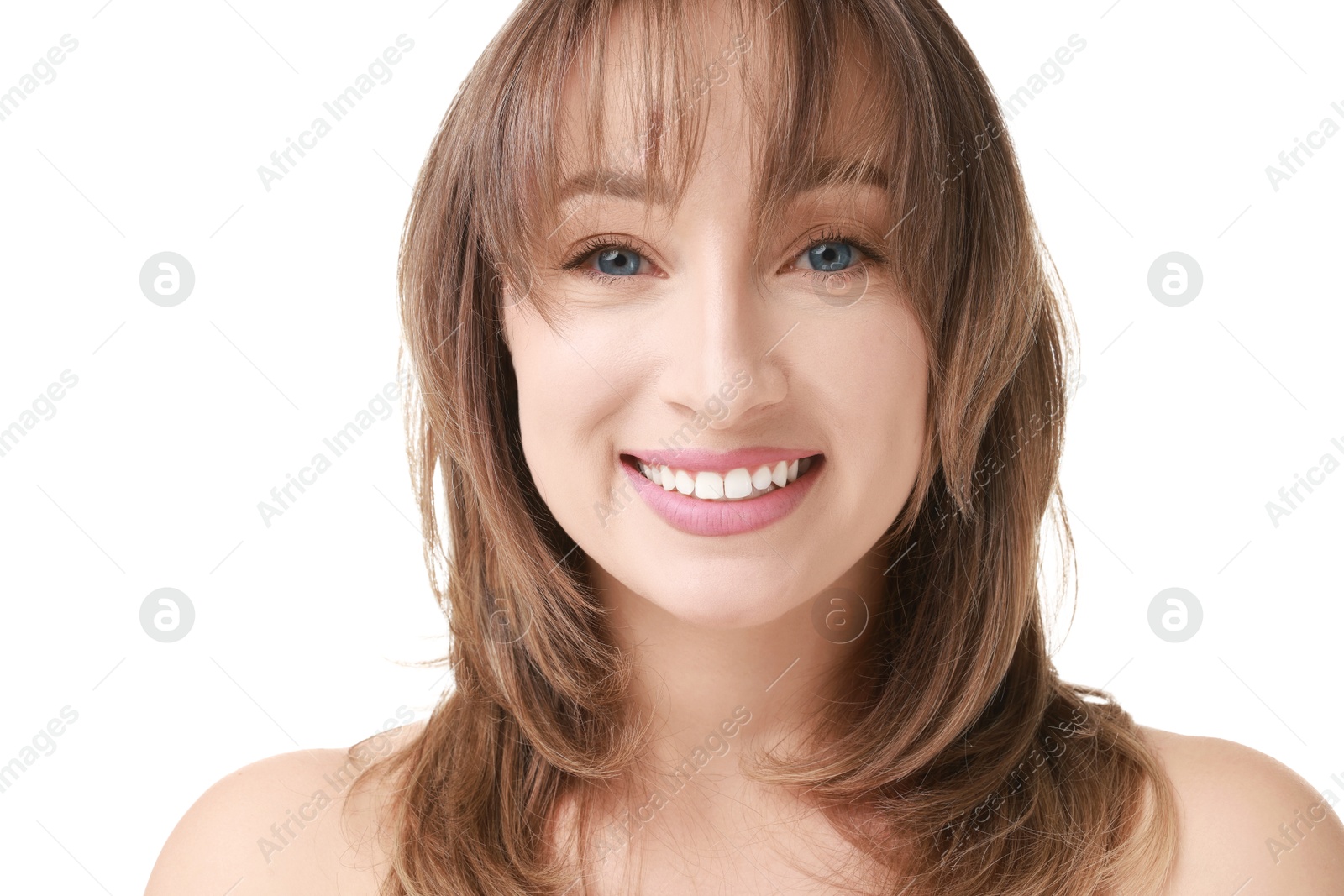 Photo of Attractive woman with stylish haircut on white background