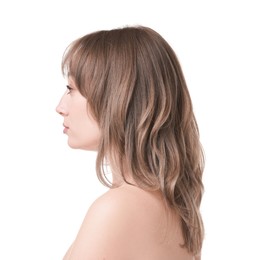 Photo of Attractive woman with stylish haircut on white background