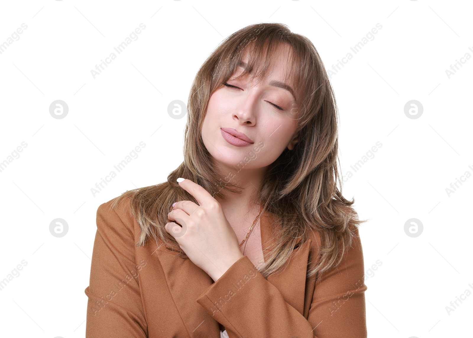 Photo of Attractive woman with stylish haircut on white background