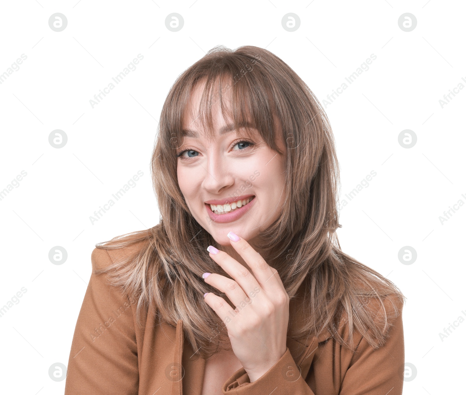 Photo of Attractive woman with stylish haircut on white background