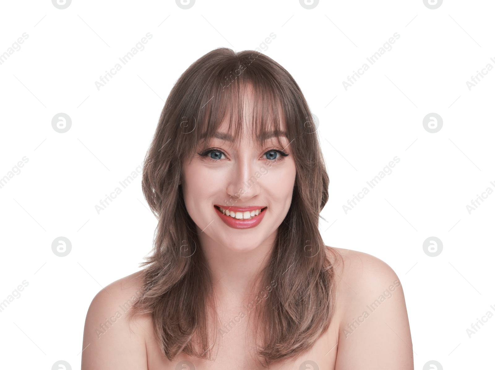 Photo of Attractive woman with stylish haircut on white background