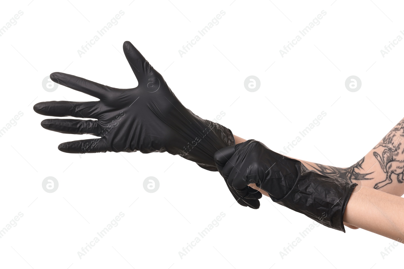 Photo of Professional tattoo artist wearing gloves on white background, closeup