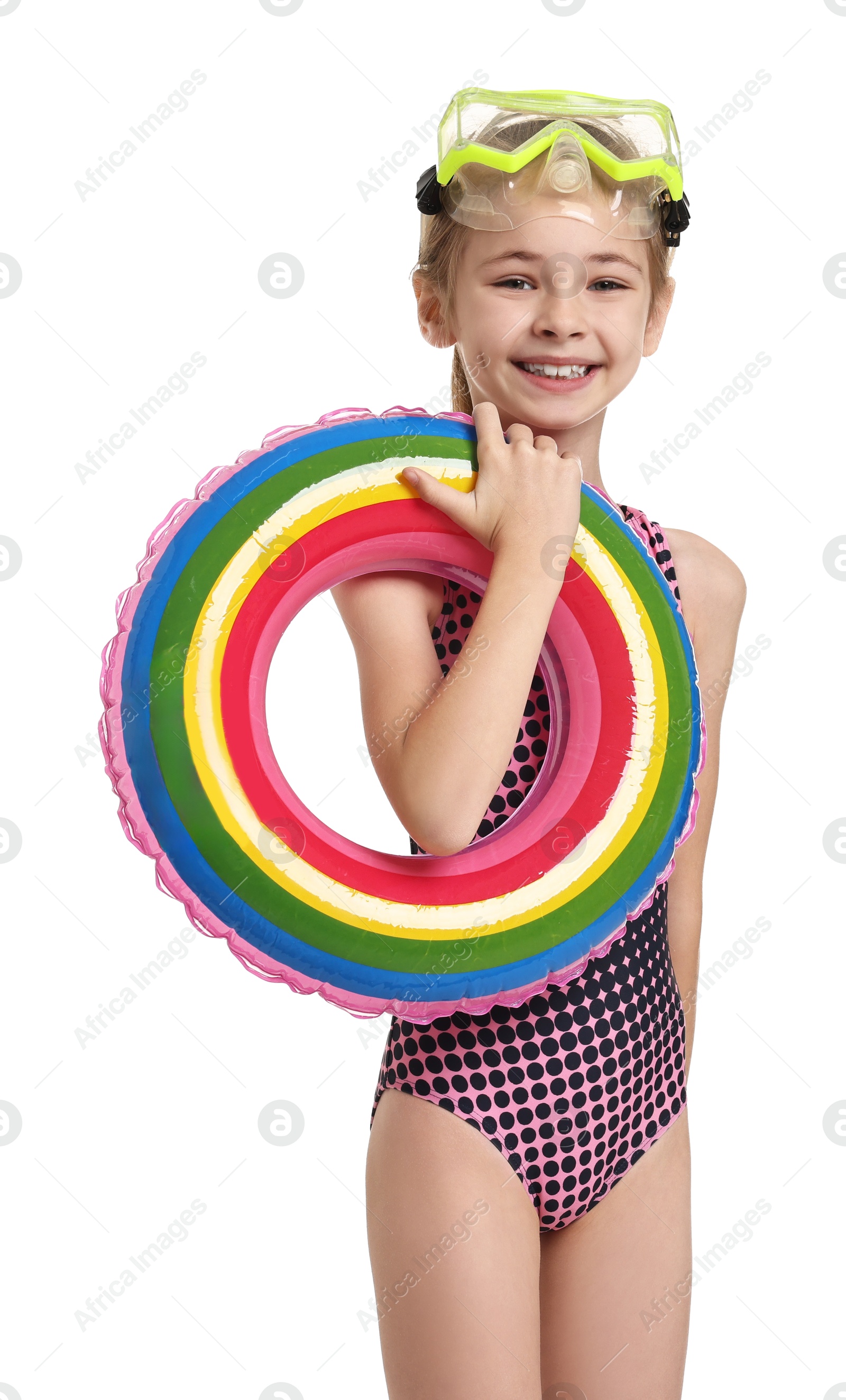 Photo of Happy girl in beachwear with diving mask and inflatable ring on white background