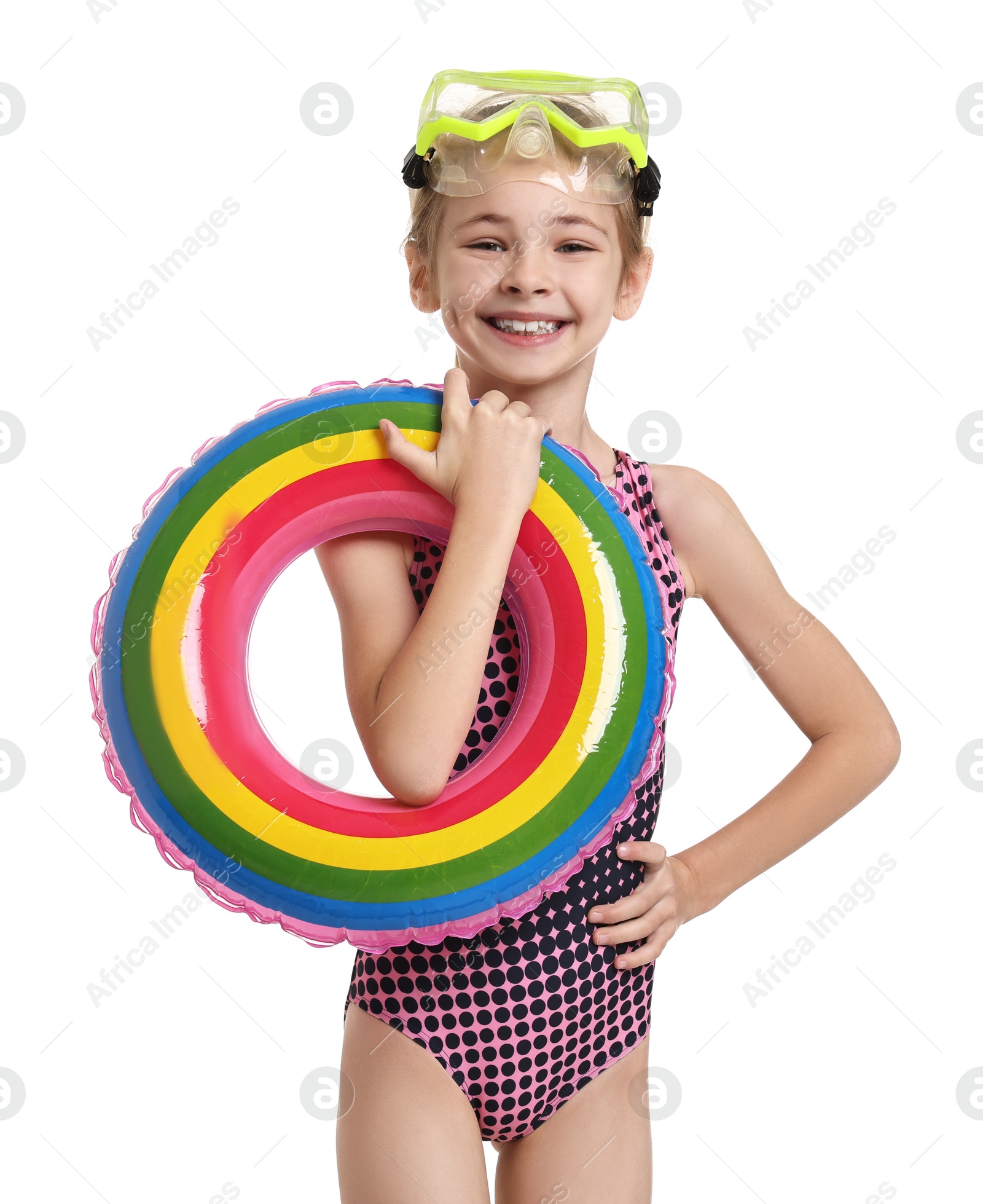 Photo of Happy girl in beachwear with diving mask and inflatable ring on white background