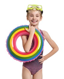 Photo of Happy girl in beachwear with diving mask and inflatable ring on white background