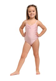 Photo of Cute little girl in swimsuit on white background