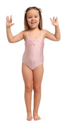 Photo of Cute little girl in swimsuit on white background