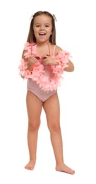 Photo of Cute little girl in swimsuit on white background