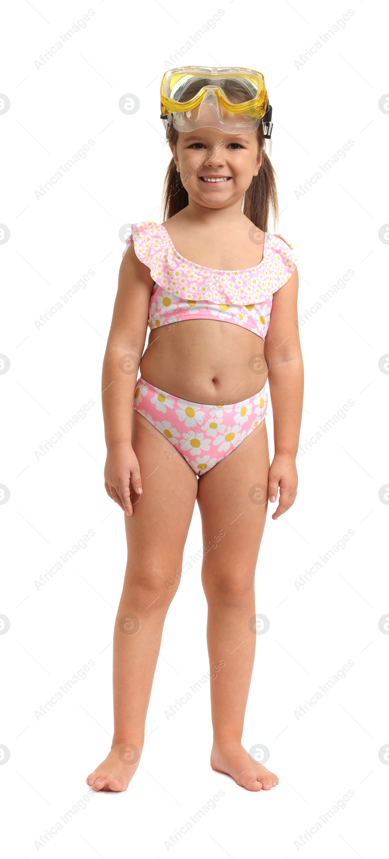 Photo of Cute little girl in swimsuit with mask on white background