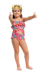 Photo of Cute little girl in swimsuit showing thumbs up on white background