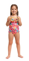 Photo of Cute little girl in swimsuit with mask on white background