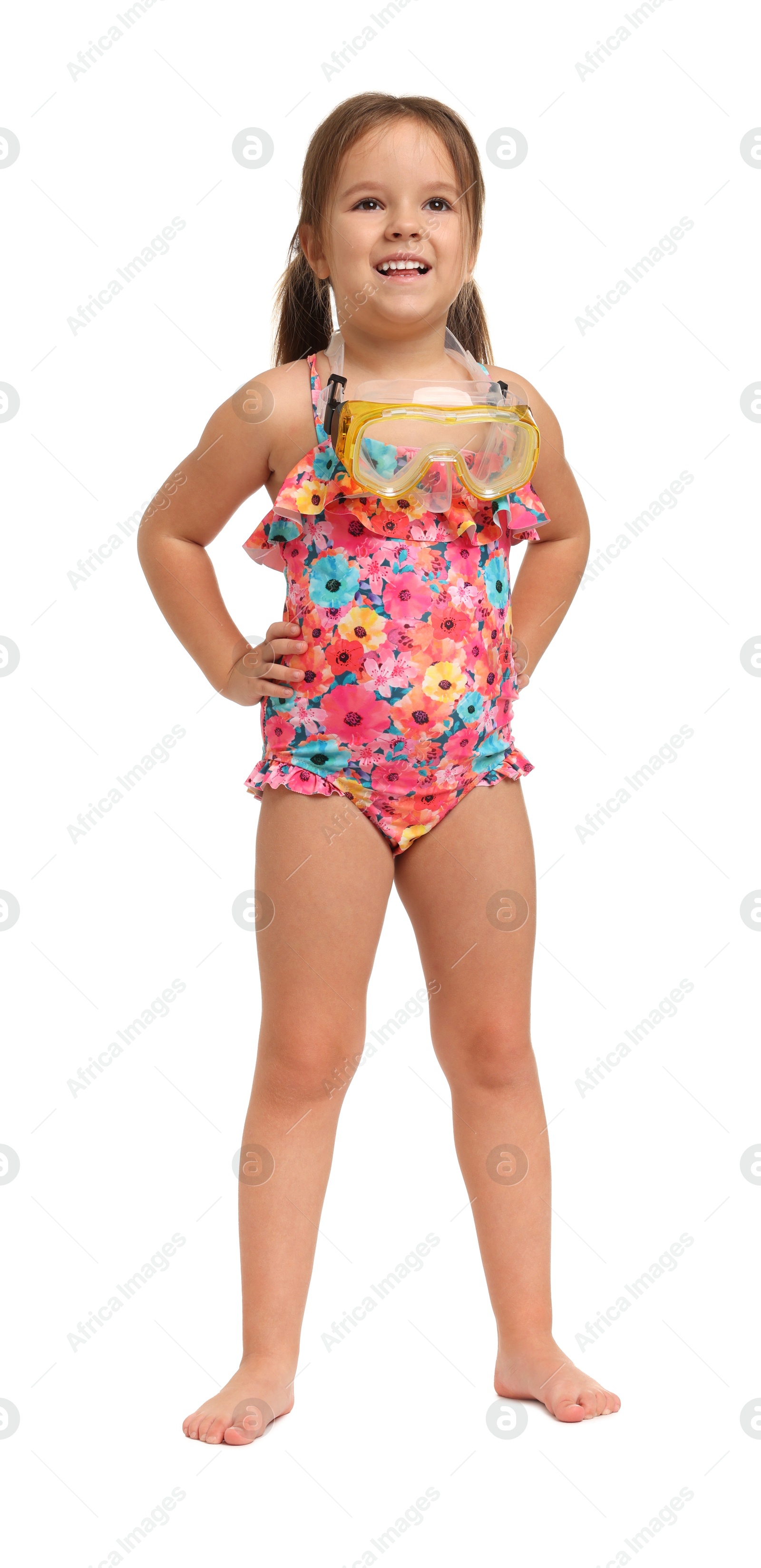 Photo of Cute little girl in swimsuit with mask on white background