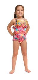 Photo of Cute little girl in swimsuit with mask on white background