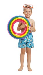 Photo of Cute little boy in beachwear with inflatable ring on white background