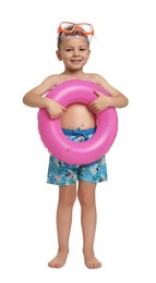 Photo of Cute little boy in beachwear with inflatable ring on white background