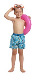 Photo of Cute little boy in beachwear with inflatable ring on white background