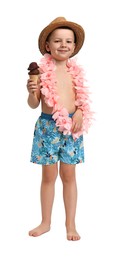 Photo of Cute little boy in beachwear with ice cream on white background