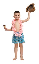 Cute little boy in beachwear with ice cream on white background