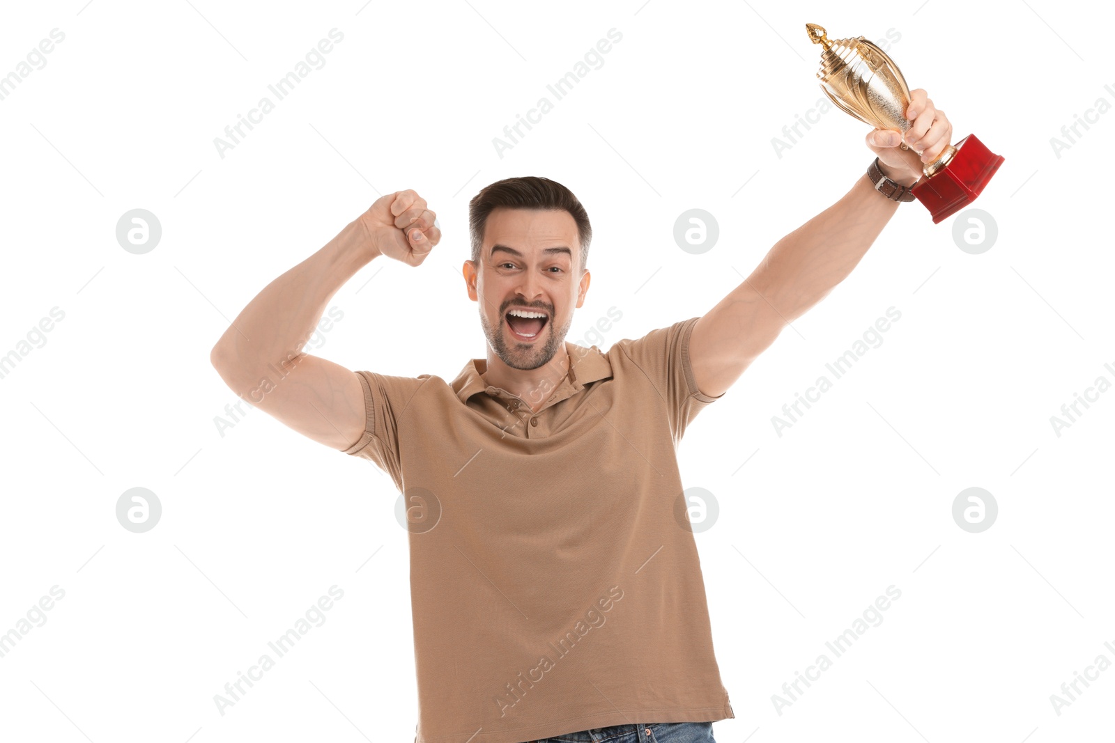 Photo of Happy winner with golden trophy cup on white background