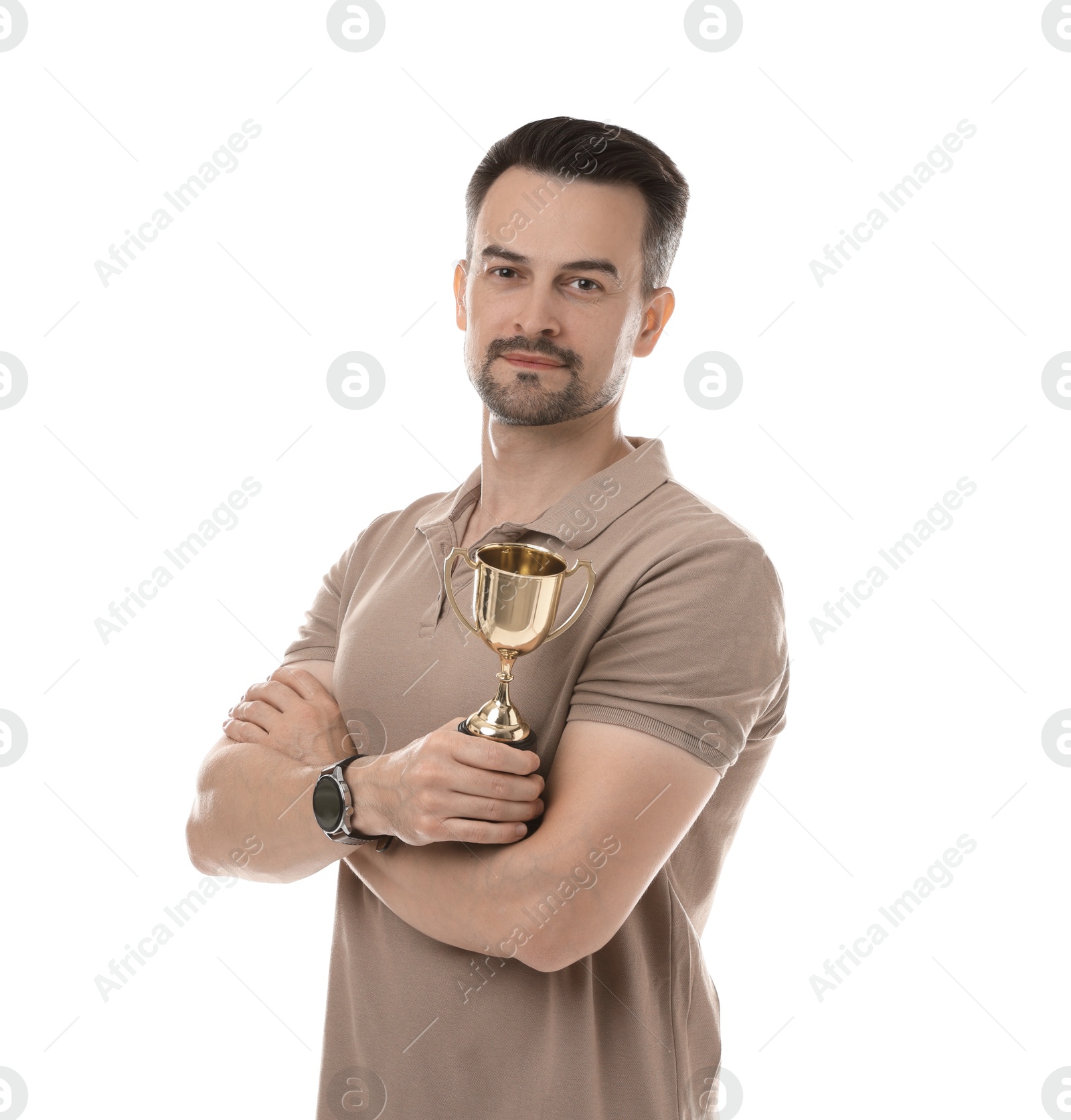 Photo of Winner with golden trophy cup on white background