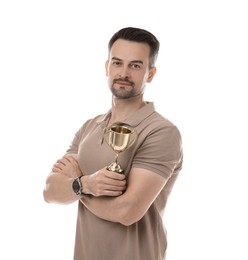 Winner with golden trophy cup on white background