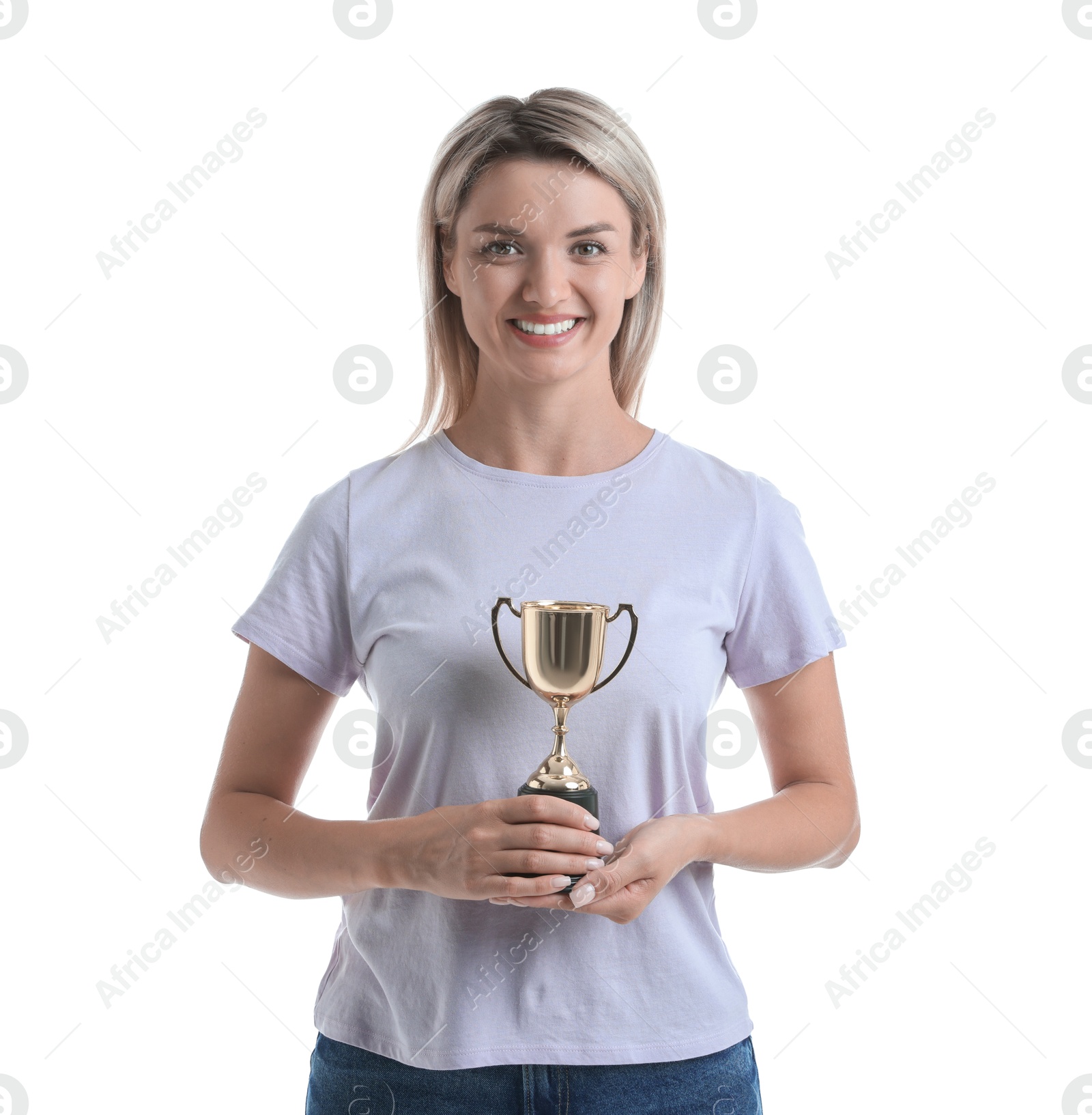 Photo of Happy winner with golden trophy cup on white background