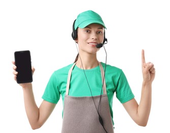 Photo of Fast-food worker with smartphone on white background