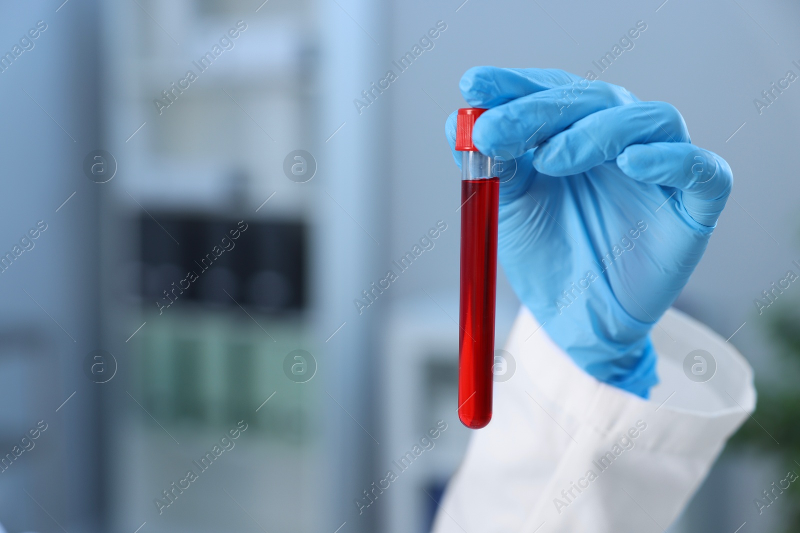 Photo of Laboratory testing. Doctor holding test tube with blood sample indoors, closeup. Space for text