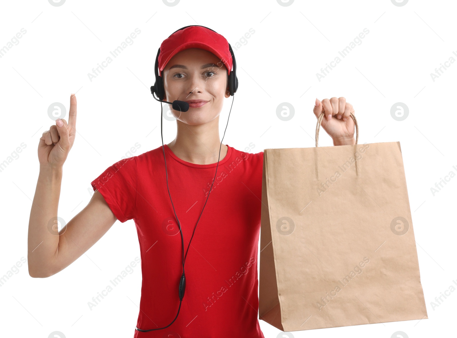 Photo of Fast-food worker with paper bag on white background