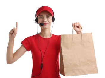 Fast-food worker with paper bag on white background