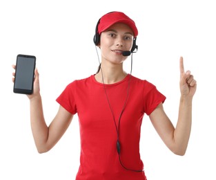 Photo of Fast-food worker with smartphone on white background