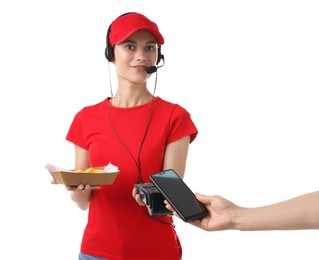 Photo of Fast-food worker taking payment from client via terminal on white background, closeup