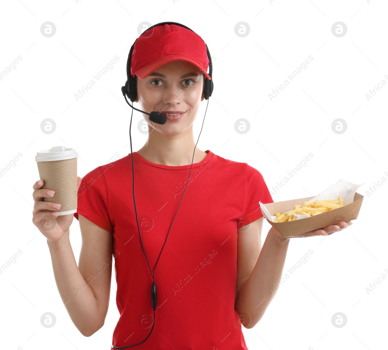 Photo of Fast-food worker with paper cup and fries on white background