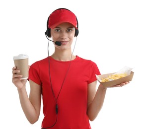 Photo of Fast-food worker with paper cup and fries on white background