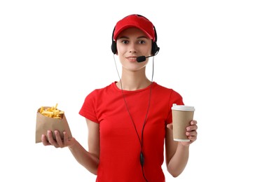 Photo of Fast-food worker with paper cup and fries on white background