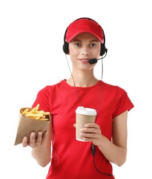 Photo of Fast-food worker with paper cup and fries on white background