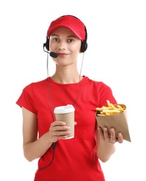 Photo of Fast-food worker with paper cup and fries on white background