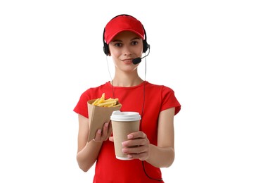 Fast-food worker with paper cup and fries on white background