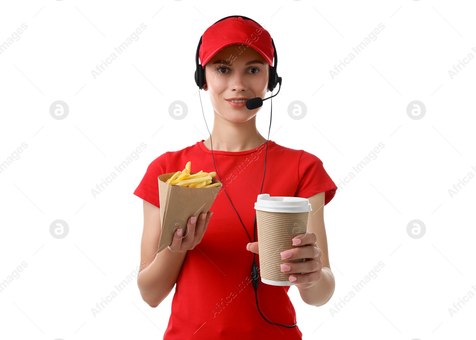 Photo of Fast-food worker with paper cup and fries on white background