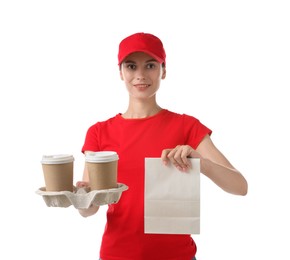 Photo of Fast-food worker with paper cups and bag on white background